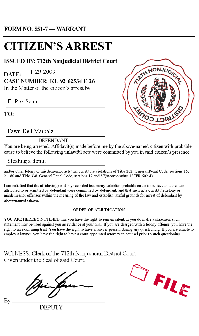 Fake citizens arrest order warrant court form police phony prank